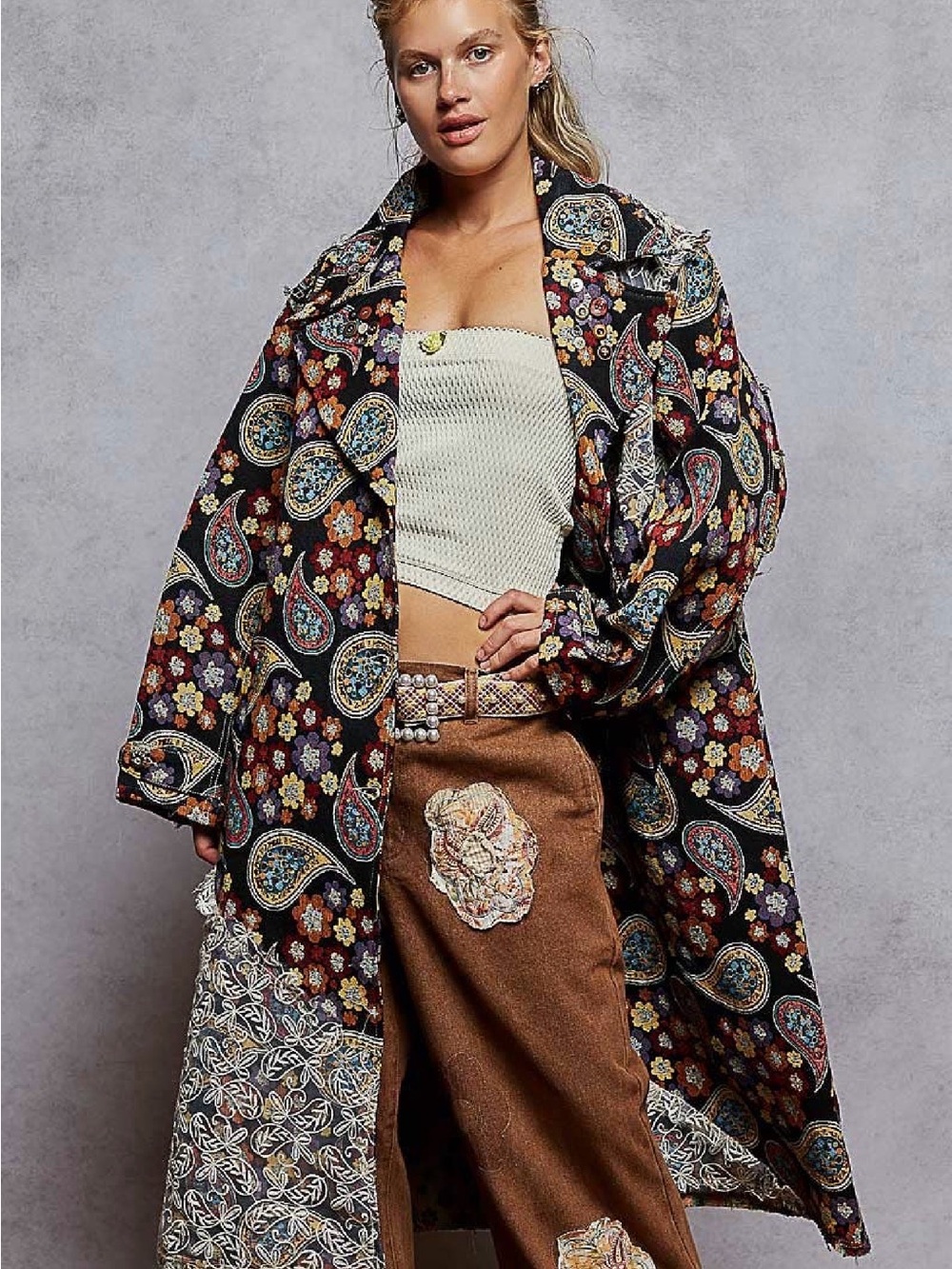 POL  Boho Paisley & Floral Jacquard Long Coat